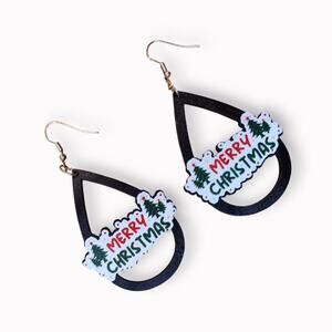 Women’s Teardrop Wood Earrings Merry Christmas Holiday 3 Inch